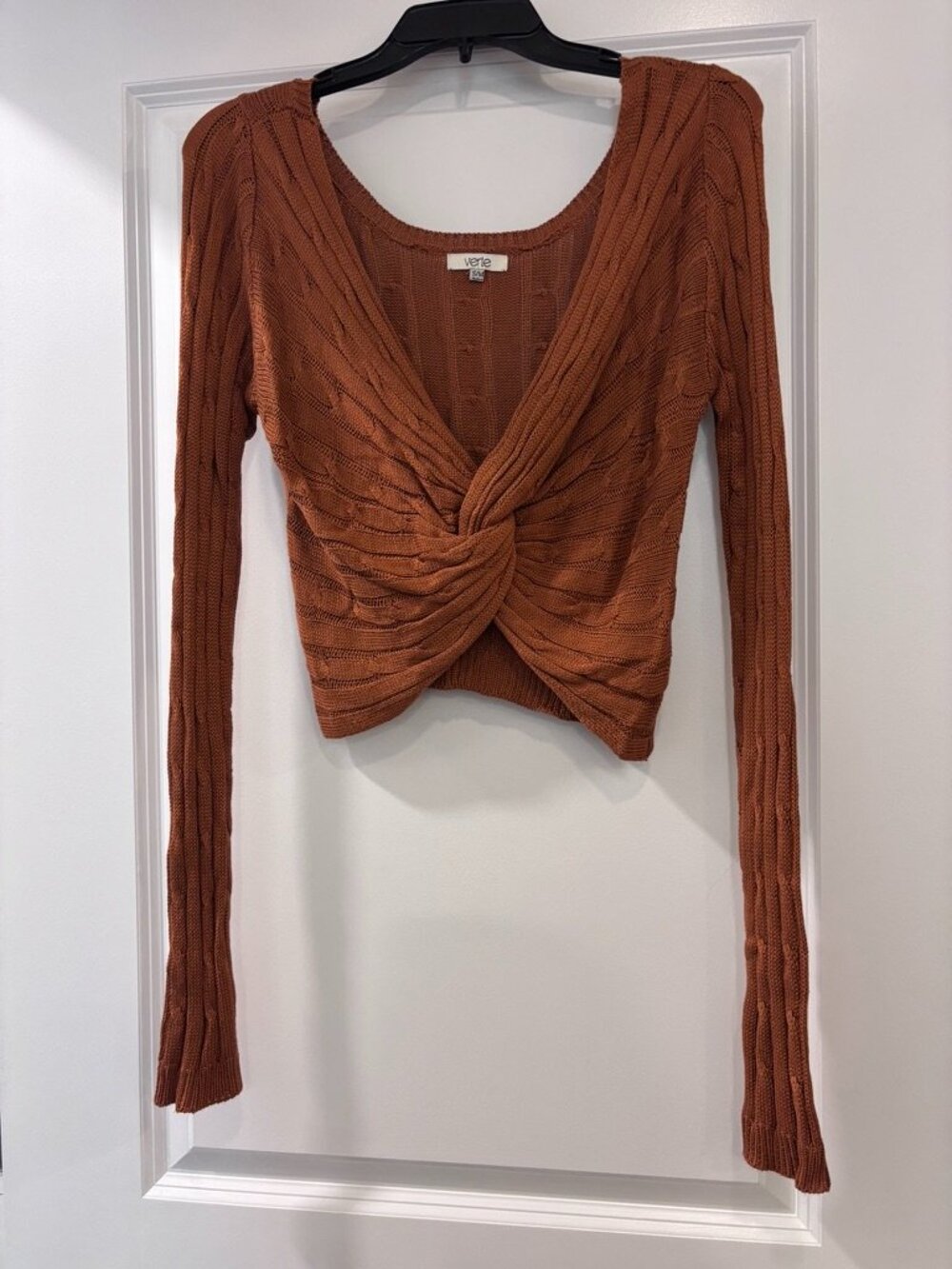 Verte Burnt Orange Cable Knit Cropped V Neck Twist Sweater